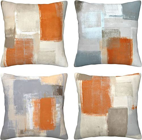 QUALKNOY Set of 4 Cushion Covers 18x18 Grey Orange Modern Abstract Art Boho Decorative Throw Pillow cases 45 x 45cm for Sofa Living Room Garden Outdoor Home Decor Pillowcases