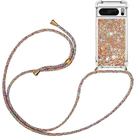 YAMCCCSE Handykette Hülle für Google Pixel 8 Pro - Quicksand Glitzer Hülle mit Band - Silikon Handyhülle mit Kordel Umhängenband - Schnur mit Treibsand Case zum Umhängen,Golden