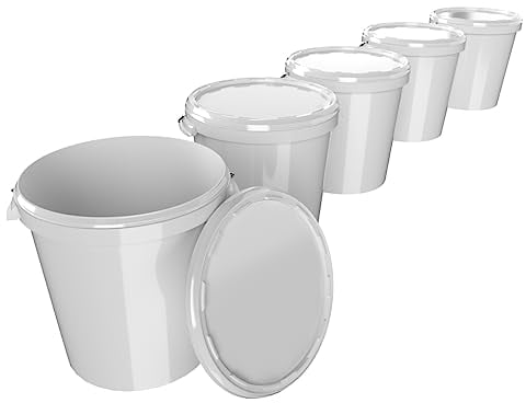 FixedByU Lot de 5 seaux de 30 litres avec couvercle - Fabriqués en Allemagne - Idéaux pour le stockage des aliments, des fournitures de bureau, des enfants, un atelier et une restauration - Blanc