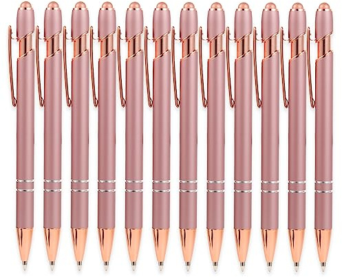 MengRan Rose Gold Pens with Stylus Tip,Black Ink,12 Pack | Medium Point, Click Ballpoint Pens & Stylus Pens for Touch Screens (12 Rose Gold)
