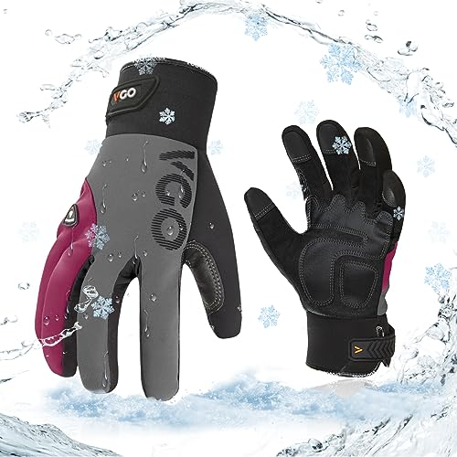 Vgo... Gants de travail pour homme, gants de mécanicien pour homme, gants anti-vibrations pour outils électriques (L/1 paire, rouge foncé, version hiver)