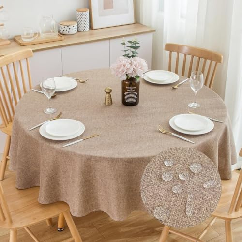 Runde Tischdecke in Leinenoptik 200 cm, Wasserabweisend, Braun | Schwerer Stoff, Maschinenwaschbar, Rustikale Leinenoptik, Wasserabweisendes Finish, 100% Polyester, Essen und Feiern