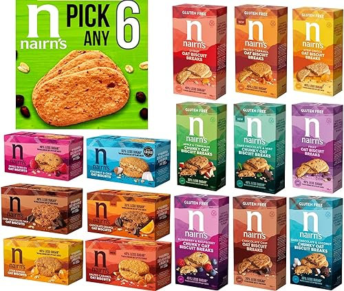 Nairn's PICK ANY 6 Gluten Free & Non Gluten Free Oat Biscuits. Flavours inc. Chocolate chip, cheese, fruit and seed, Stem Ginger, Mixed Berries, Salted Caramel, Apple & Cinnamon Chunky Etc. 0.16 kg.
