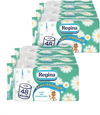 Regina Kamillenpapier 3-lagiges Toilettenpapier - 96 Rollen-Packung (6 x 16 Einzelpackungen), 150 Blatt pro Rolle, Sanft und zuverlässig, Mit einem Hauch von Kamille, FSC-zertifiziertes Papier