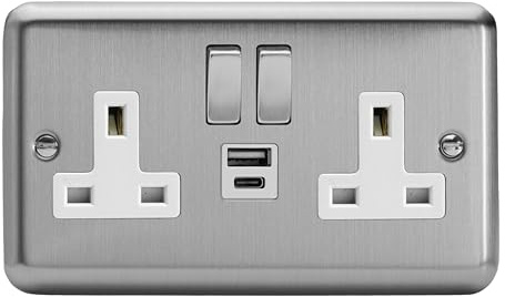 Varilight Double Switched Plug Socket With USB A+C Charging - Value Matt Chrome With Brushed Steel/White Insert, XS5UACDW