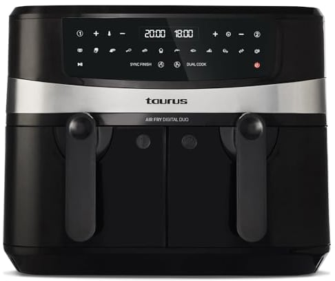 Taurus - Freidora De Aire Sin Aceite Air Fry Digital Duo 9L | 2.600W | Doble cestillo 4,5L | 12 Programas Predefinidos | Temporizador Digital 60 mins | Air Fryer pantalla Táctil | Libre BPA