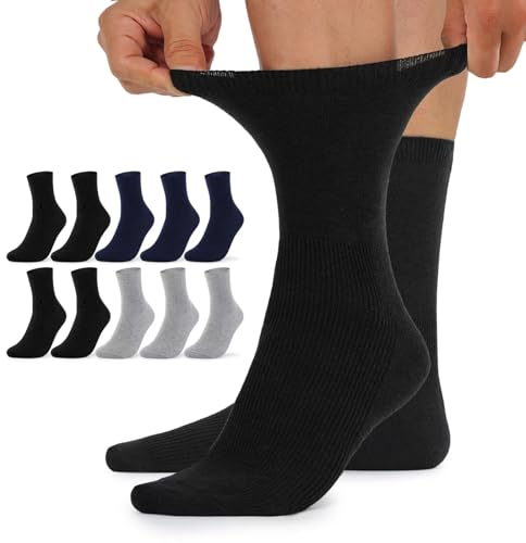 TUUHAW Diabetiker Socken Damen 39-42 Diabetikersocken Herren 10 Paar ohne Gummibund Comfort Baumwolle Schwarz Grau Dunkelblau Herrensocken Gesundheitssocken ohne Bund
