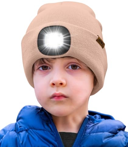 ATNKE Kids LED Beleuchtete Mütze mit Licht,Wiederaufladbare USB 4 LED Laufmütze Extrem Heller Lampe Winter Warme Stricken Mütze Großartig Geschenke für Jungen und Mädchen/Skin Pink