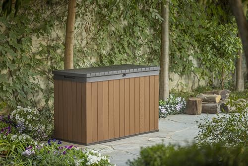 Koll Living Auflagenbox/Kissenbox 662 Liter l 100% Wasserdicht l mit Belüftung dadurch kein übler Geruch/Schimmel l Moderne Holzoptik l Deckel belastbar bis 300 KG (2 Personen) Braun