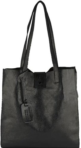 modamoda de - T247 - Ital. Leder Shopper mit herausnehmbarer Innentasche, Farbe:Schwarz-Metallic