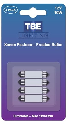 TBE LIGHTING Replacement Festoon Bulbs, PACK OF 4 Xenon lights 264 Number Plate Bulb, Interior Festoon Car Light Bulbs. Frosted glass finish, Warm White colour - 12v / 10w / Dimmable 11mmx41mm