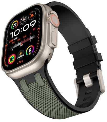 TiMOVO Correa Compatible con Apple Watch 42/44/45/46/49mm Mujer Hombre, Pulsera de Costura Bicolor Deportiva de Repuesto para iWatch Ultra 2 Ultra SE Series 10 9 8 7 6 5 4 3 2 1,Verde Ejército+Negro