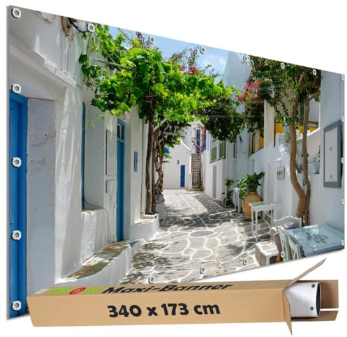 TRIOSK Große Motivplane Sichtschutz Zaunblende mit Motiv Dorfgasse Naoussa Griechenland Motivbanner Garten Deko Plane Blickdicht für Zaun Terrasse Gartenzaun Zaunplane PVC 340x173 cm