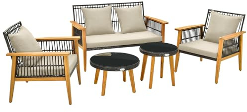 Multigot 5PCS Garden Conversation Set, Acacia Wood Patio Conversation Set with 1 Loveseat, 2 Armchairs, 2 Tempered Glass Tables and Cushions, All-Weather Outdoor Rattan Sofa Set for Poolside Backyard