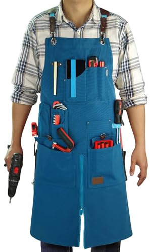 Stenffy Work Apron, Canvas, Adjustable Weight, Tool Aprons with Multiple Pockets, Adjustable Zipper, Metal Ring, Tape Measure Clip for Men Women 27In*36In (Blue)