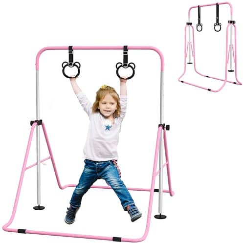 HOMCOM Sbarra Ginnastica Artistica da Casa Pieghevole per Bambini 3+ Anni, Attrezzatura da Allenamento ad Altezza Regolabile con 2 Anelli e Tappetini Antiscivolo, Rosa