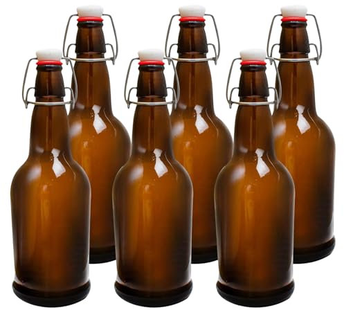 Collgene Flip Top Glass Bottle, 6 Pack Swing Top Glass Bottles with Airtight Cap,16 Oz Glass Bottle with Lids, Amber Glass Beer Bottles for Home Brewing and Wine Bottling