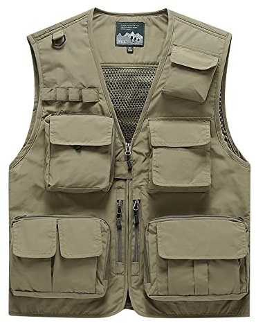 Generisch Lederweste Herren, Outdoor Mit Vielen Taschen Freizeitweste Leicht Anglerweste Winter Ärmellose Jacke Sport Multifunktionsweste Camping Fotografie Herren Weste (4XL, Khaki)