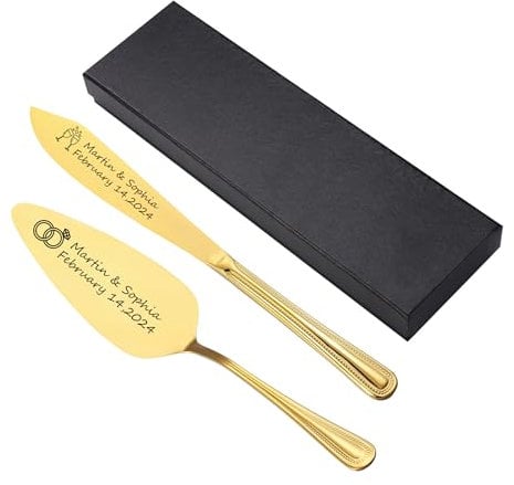 Lpraer Personalized Cake Cutting Set of 2 for Wedding, Custom Elegant Cake Knife and Server Set, Stainless Steel Pie Cutter Serving Gift for Bridal Anniversary Birthday (Gold)