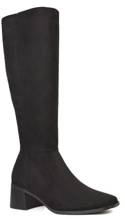ESSEX GLAM Women's Square Toe Knee High Boots Low Heel Ladies Black Faux Suede Zip Calf Long Booties Size 3