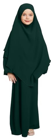 IBAKOM Gebetskleidung für Kinder Chiffon Muslimisch Kleid mit Taschen Mädchen Abaya mit Hijab Islamische Kleider Dubai Arabisch Türkische Robe Gebetskleid Jilbab Khimar Ramadan grün 11-12 Jahre