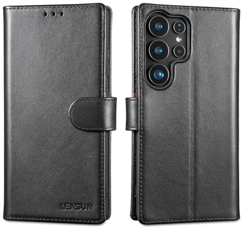LENSUN Echtleder Hülle für Samsung Galaxy S25 Ultra, Handyhülle [Echtes Leder] [Kartenfach] [RFID] Lederhülle Flip Handytasche für Samsung Galaxy S25 Ultra 5G - Schwarz