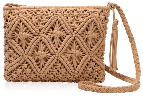 Women Straw Messenger Bag Zipper Handbag Simple Small Beach Shoulder Bag Handmade Clutch Bags Crossbody Bags (Camel)