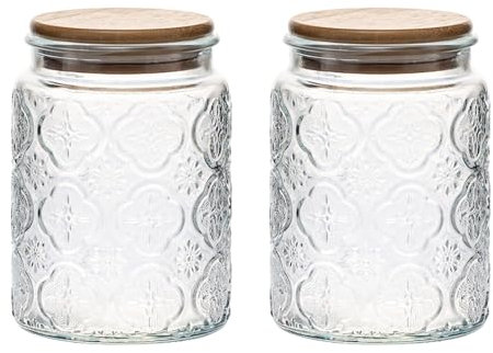 WEELOO Vintage Patterned Glass Jar with Lid, 750ml Sealed Food Transparent Glass Storage Jar, 2PCS Food Storage Container for Tea Coffee Sugar Kitchen Decoration (Begonia)
