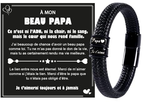 Lueaurra Bracelet en Cuir pour Beau Papa - Cadeau Fête des Pères, Noël, Anniversaire - Gravure Laser 'Meilleur Papa' - Noir - Unité