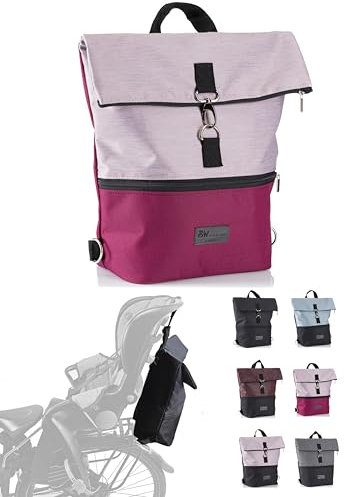 BambiniWelt Fahrradtasche – Rucksack für Kinderfahrradsitz kompatibel mit Römer Jockey, wasserabweisend, mit Klickverschluss & Schultergurt, 20 l Stauraum (pink-rosa)