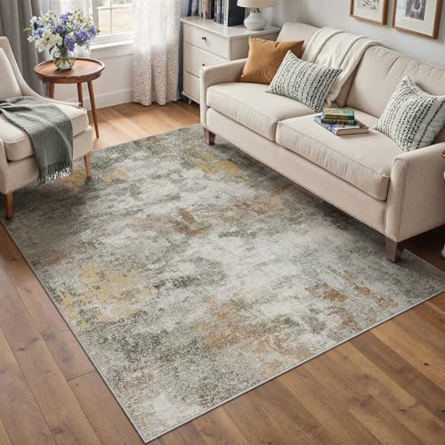 PureCozy Kurzflor Abstrakte Teppich 120x180cm Moderner Wohnzimmer Teppich Waschbarer rutschfeste Minimalistische Bodenmatte Teppiche Orange-Grau für Wohnzimmer Schlafzimmer Büro Bereich Dekor