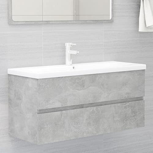 Massbinet Badezimmermöbel Set Unterschrank mit Keramikwaschbecken Spiegelschrank Hochscrank Betongrau 100 x 38.5 x 45 cm Mit Wasserhahn & Abfluss
