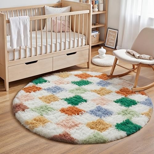 HUGEAR Kariert Flauschig Teppich Rund 120cm Multicolore Shaggy Carpet