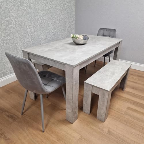 KOSY KOALA Dining Table Set with 2 Grey Velvet Chairs and 2 Stone Grey Benches