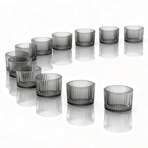 FUND AMLIGHT 12 Stück Graue Teelichtgläser, Votivkerzenhalter aus Glas für Tischdekoration, Teelichter Glas für Hochzeit, Weihnachten, Geburtstag & Moderne Heimdekoration, Teelichthalter Set für Kerze