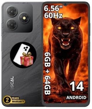 OSCAL Flat 2C Smartphone, 6,56″ HD+ IPS Display, Octa-Core Unisoc T603, 6GB RAM + 64GB (erweiterbar auf 2 TB), 13 MP Rückkamera + 8 MP Frontkamera, 5000 mAh Akku, Dual SIM, 2 Jahre Garantie, Schwarz