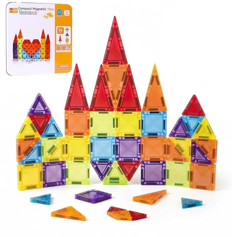 56PCS Magnetic Tiles, Magnetic Blocks Building Set with Storage Iron Box, Mini magnetic Tiles Travel Toys for Kids Ages 3 4 5 6, STEM Educational Magnet Toys for Toddler Boys Girls