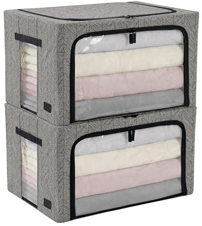 Periea Beau 2 Pack Storage Boxes 74L (53x40x35cm) – Collapsible Stackable Fabric Organisers Storage Bags with Steel Frame, Front Window & Top/Front Zip Access – (Herringbone)
