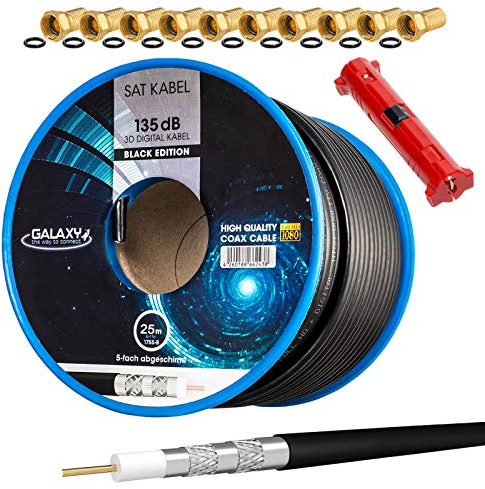 HB-Digital Set 25m cable coaxial SAT 135db negro + 10x conector F + 1x stripper CCS acero cobre cable antena satelital blindado 5 vías para sistemas de radio DVB-S/S2/C/C2/T/T2 DAB +