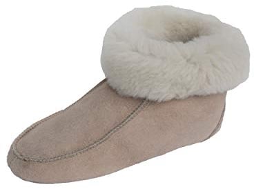 Naturasan Lammfell Hausschuhe Damen | Mokassin mit Ledersohle | Lammfell-Hüttenschuhe mit Stulpe, HS-01, Beige Gr.46