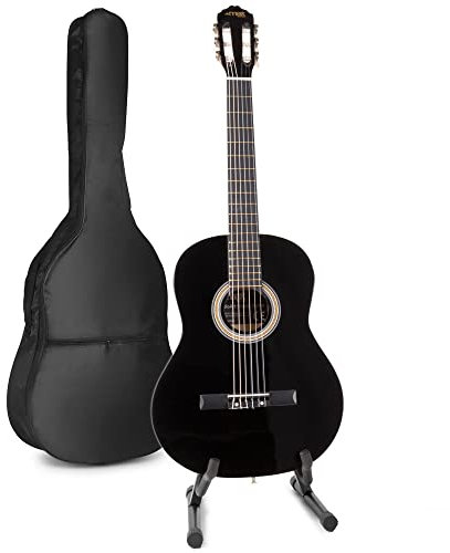 MAX SoloArt akustische Gitarre mit Tasche und Gitarrrenständer, Stimmgerät, Plektrum, Gurt und Zubehör - Spanische Akustik-Gitarre für Anfänger, Konzertgitarre in Schwarz