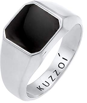 Kuzzoi Siegelring Herrenring Achteck mit Emaille Schwarz in 925 Sterling Silber massiv, 10 mm breit, Klassischer Herren Silberring, Ring für Männer poliert in der Ringgröße 56, 0610882720_56