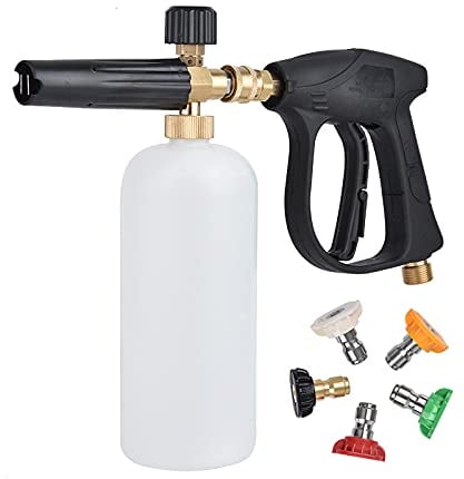 1/4 Quick Release Pressure Washer Snow Foam Cannon Lance Gun with 5Pcs Color Spray Nozzles High Pressure 1L Bottle Jet Cannon for Courtyard Cleaning