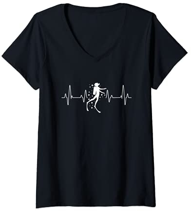 Damen Taucheruhr mit Herzschlag. Geschenk zum Tauchen. T-Shirt mit V-Ausschnitt