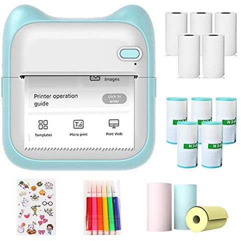 Mini Drucker, Handy Sticker Fotodrucker für Smartphone, Foto Memo Etikettenlisten, Mit 5 Rollen Druckpapier, 5 Aufkleber, Farbstifte, 3 Farbpapier und 1 Farbige Aufkleber