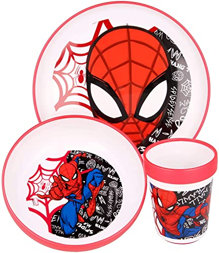 SPIDERMAN - Ensemble de vaisselle pour enfant bicolore - Set composé de 3 pièces : assiette, bol et verre pour enfants - Ensemble vaisselle pour bébé avec base antidérapante - Sans BPA (Spiderman)
