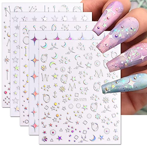 Dornail 6 Blatt Aurora Silber Sterne Mond Planet Nagelsticker 3D Holografische Laser Stern Nagelaufkleber Selbstklebend Nagel Aufkleber Nail Art Stickers Nageldesign Nagelkunst Nägel DIY Dekoration