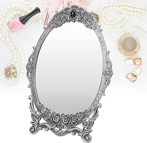 Fyearfly Antiker Oval Make up Spiegel, Tischspiegel mit Ständer Desktop Schminkspiegel Vintage Spiegel, Blumengeprägter Arbeitsplatten Schminkspiegel für Frauen Mädchen (Silbrig)