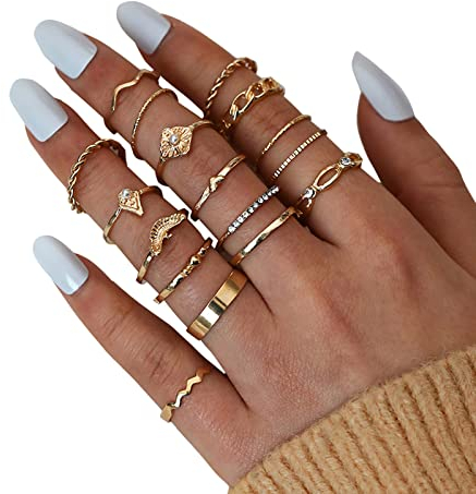 Ringe Plastik Kinder 17-teiliges Gold--Ring-Set für Frauen, böhmische Ringe für , Edelstein-Kristallringe, gemeinsame Knoten-Ring-Sets für Teenager, Party, Fesvital, Schmuck, (Gold-2, One Size)