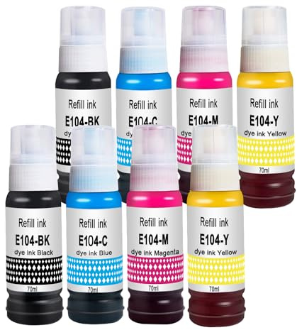 Molabel Lot de 8 Flacons Encre 104 Compatibles Avec Epson EcoTank ET-1810 | 2 Noirs 2 Cyan 2 Jaunes 2 Magenta pour Epson ET-2810 ET-2870 ET-2825 ET-2826 ET-2830 ET-2840 ET-2862 ET-2876 ET-4800 ET-4810